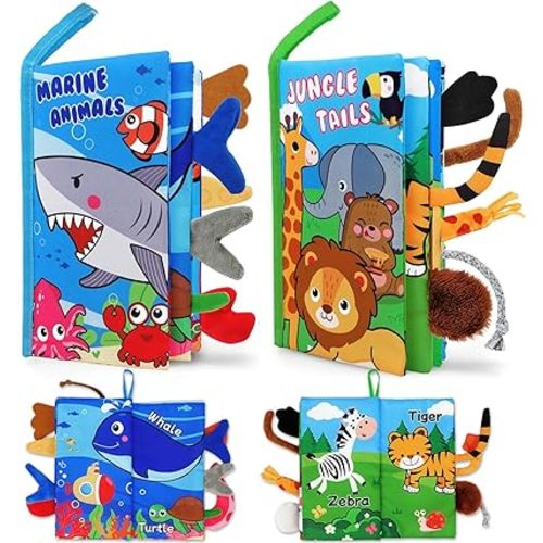 Soft Baby Books 0-6 Months - 2 Pcs Baby Toys Montessori Toys for Babies Touch and Feel Cloth Book - Newborn Tummy Time Toys Infant Sensory Stroller Toys 0 3 6 9 Months Baby