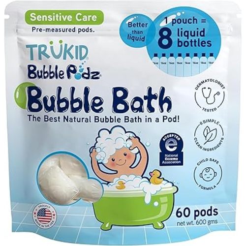TruKid Bubble Podz Bubble Bath for Kids, Toddlers, & Babies, NEA-Accepted for Eczema, Gentle Refreshing Colloidal Oatmeal Bath Bomb for Sensitive Skin, pH Balanced, Tear Free, Unscented (60 Podz)