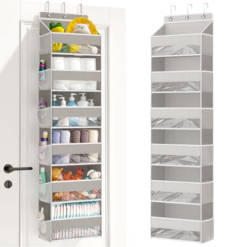 Fixwal 1 Pack Over Door Organizer with 6 Large Pockets 12 Mesh Side Pockets, Hanging Storage Organizer with Clear Window Kids Toys, Shoes, Diapers, Light Grey, 6 Layers