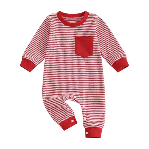 VISGOGO Newborn Infant Baby Boy Waffle Cotton Romper Clothes Onesie Stripe Jumpsuit 0 3 6 12 18 Months Long Sleeve Outfits