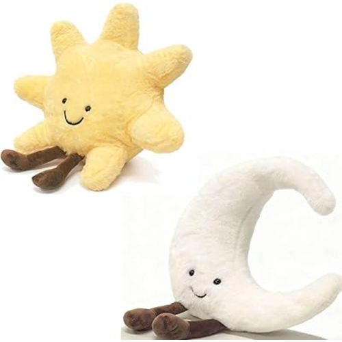 Sun and Moon Shaped Plush 12" Cute Smiling Fun Filled Moon Sunshine Pillow Stuffed Animal Plushie Toy for Birthday Gift