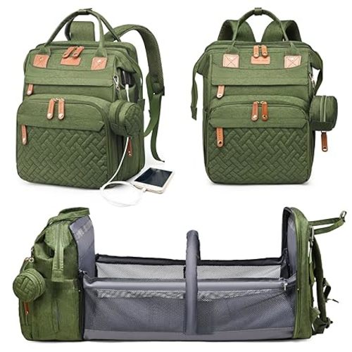 Baby Diaper Bags with Changing Station, Waterproof Diaper Bag Backpack for Moms Dads with USB Charging Port, Baby Shower Gifts, Large Capacity diaper backpack, Green