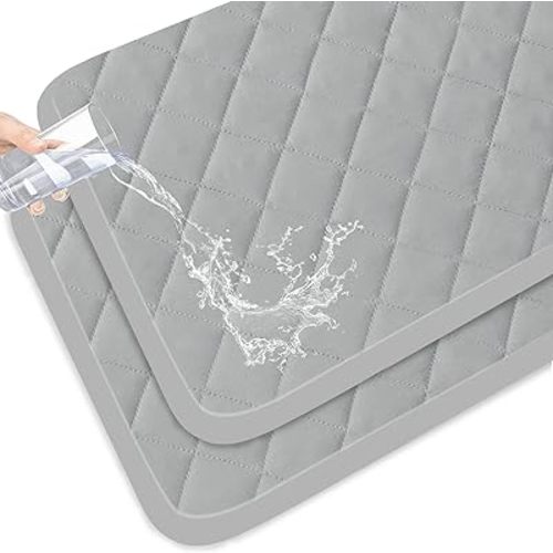 Mini Crib Mattress Protector 2 Pack Waterproof, Quilted Mini Crib Sheets Fitted 38" x 24", Breathable Portable Waterproof Baby Mini Crib Mattress Pad for Boys, Grey