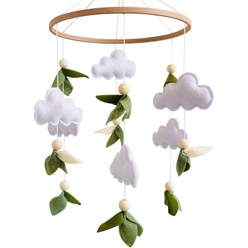 Green Leaf Baby Crib Mobile, WoodlandMobile for Crib for Baby Boys & Girls, Green Nursery Decor, with Felt Leaves, White Clouds
