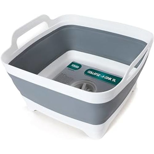 FOSJGO 2.4 Gal(9L) Collapsible Dish Basin with Drain Plug,Space Saving Multiuse Foldable Sink Tub,Dishpan,Kitchen Sink for Camping,Plastic Tub,Vegetable Washing,RV