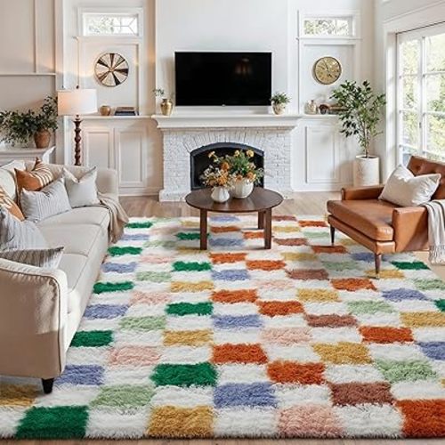 Checkered Rug 7x10 for Living Room, Modern Neutral Shag Rug Washable Non-Slip Large Area Rug Super Soft Indoor Fuzzy Carpet Fluffy Rugs for Bedroom Home Aesthetic Decor