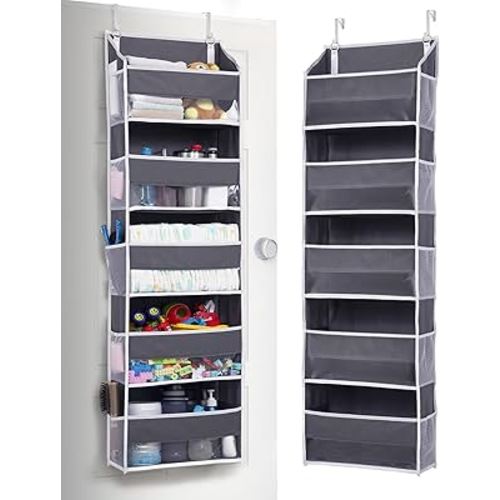 ULG 1 Pack Over Door Organizer with 5 Large Pockets 10 Mesh Side Pockets, 44 lbs Weight Capacity Hanging Storage Organizer with Clear Window Kids Toys, Shoes, Diapers, Dark Grey, 5 Layers