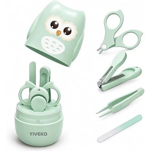 YIVEKO Baby Nail Kit, 4-in-1 Baby Nail Care Set with Cute Case, Baby Nail Clippers, Scissors, Nail File & Tweezers, Baby Manicure Kit and Pedicure kit for Newborn, Infant, Toddler, Kids-Owl Green