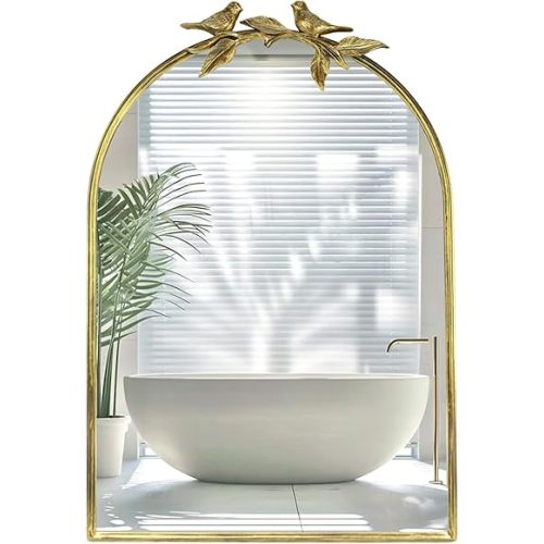 Gold Vintage Mirror for Vanity 24x35 Inch Gold Antique with Ornate Frame, Arched Vintage Wall for Bathroom, Living Room, Fireplace, Entryway