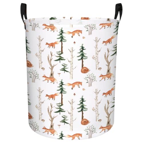 Baby Hamper – Large 19.7" x 15.7" Laundry Basket for Nursery, Linen Cotton Fabric with Leather Handle, Perfect for Baby Clothes Storage and Room Decor (Fox Jungle)