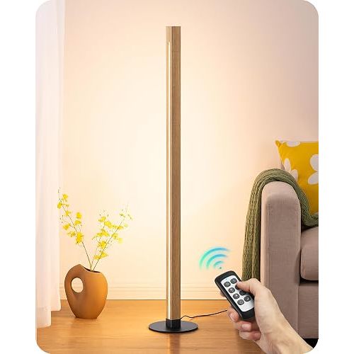 EDISHINE Corner Floor Lamp, Upgraded Dual-Sided Lighting, Wooden Floor Lamps for Living Room, Standing Lamp with Remote/Foot Control, 7CCT & Dimmable Floor Lamp for Bedroom, Office, Natural Wood