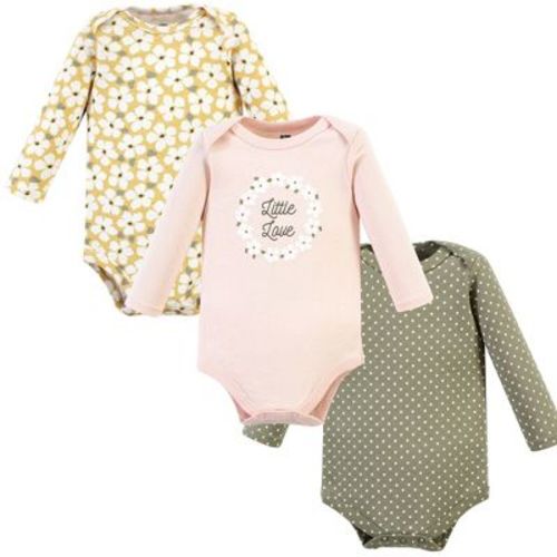 Hudson Baby Basics Infant Girls Essential Long Sleeve Bodysuits 3-Pack, Garden Wreath, Newborn