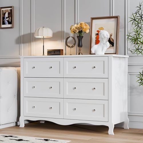 VINGLI White Dresser 6 Drawer, Wood Dresser Chest of Drawers, Clothes Dressers for Bedroom with Curved Legs and Grooved Drawer Front, French, 47.24" W*15.75" D*33" H