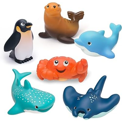 6-Pcs Ocean Bath Toys for Toddlers 1-3, No Hole Mold Free Bathtub Toys, Whale Shark Dolphin Penguin Sea Animal Set for Baby Bath Time or Pool Water Play