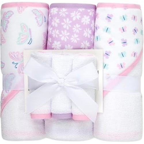 Jessica Simpson Baby 6-Piece Hooded Towel & Washcloth Set – Soft Polyester Baby Bath Towels – Pink & Green Floral Design (Purple Floral Butterflies)