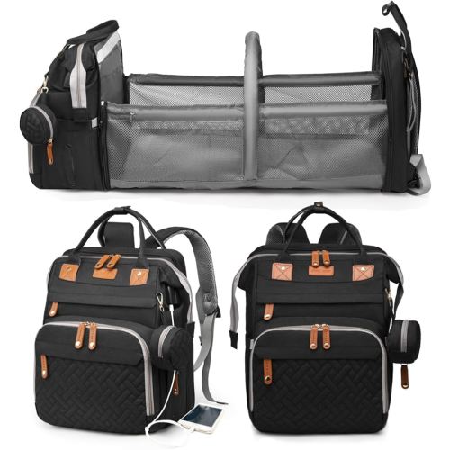 Jeryswet Baby Diaper Bags with Changing Station, Waterproof Large Capacity Diaper Bag Backpack for Moms Dads with USB Charging Port and Stroller Straps, Baby Shower Gifts, Black