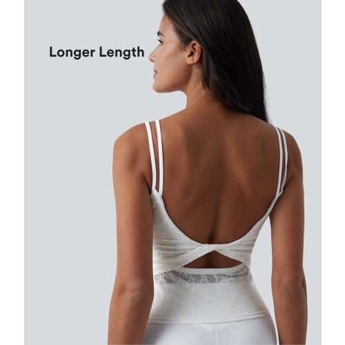 SoftlyZero™ U Neck Backless Twisted Built-in Bra Lace Yoga Tank Top-Longer Length
