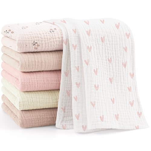 Bearmoss 6 Pack Large Muslin Burp Cloths, 100% Cotton Soft Baby Burping Cloths for Boy, Girl, 23.6" X 23.6" Absorbent Milk Spit Up Rags, Newborn Essentials (Pink Print)