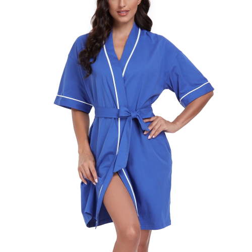 ANLIQI Women's 100% Cotton Robes Summer Short Sleeve Bathrobe Knee Length Sleepwear with Pockets (Blue,S)