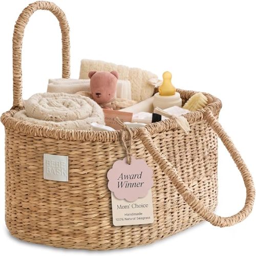 BEBE BASK Premium Baby Diaper Caddy Organizer - Artisan-Made Seagrass Basket With Cotton Divider - Award-Winning & Luxury Diaper Caddy Basket (ROSA)
