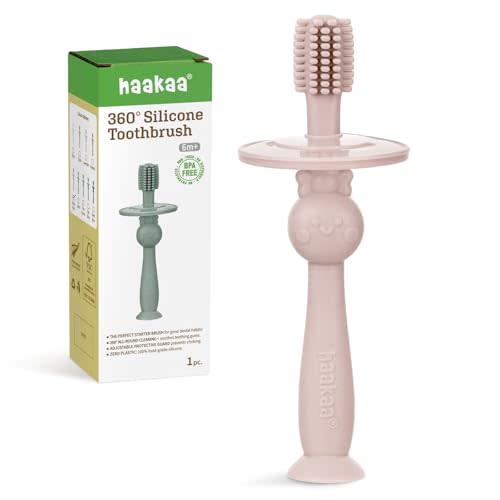 haakaa 360 Baby Toothbrush with Suction Base - Gentle Cleaning for Toddler's Self-Brushing Training, Food-Grade Silicone, Adjustable Safety Shield - Dusty Pink (1 Piece)