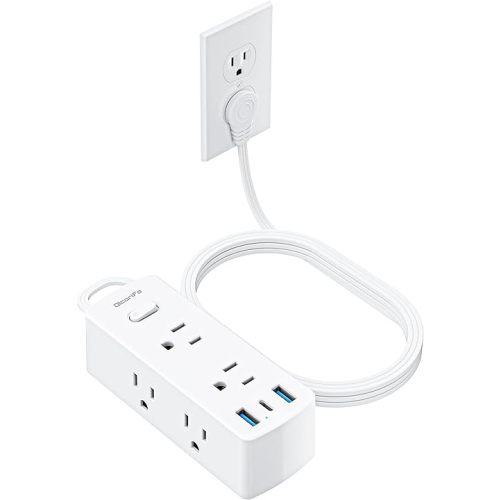 Power Strip Surge Protector, Olcorife Ultra Thin Flat Plug Extension Cord 5ft, 6 Outlets 3 USB Ports(1 USB C), 3 Sided Outlet Extender for Home Office Travel Dorm Room Essentials, White