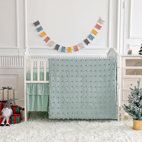 Green Crib Bedding Set Tufted Dots Jacquard Baby Comforter with Fitted Sheet and Bed Skirt - Cute Embroidery Boho Shabby Chic Soft Blanket Pom Pom Tufts 3pc Crib Bed Set