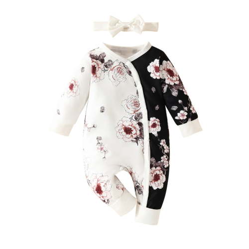 WRKEKC Infant Color-Block Floral Romper Wrap Front Snap Buttons Long Sleeve Thickened Warm Snug Fitting Fall Winter OutFitting for Boys and Girls 0-18 Months