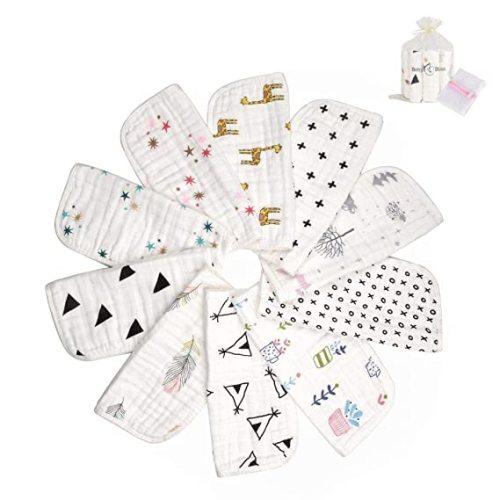 BabyBliss Premium 6-Layers Muslin Baby Washcloths -10pcs Large Size Washable Newborn Towels - Reusable Infant Wipes Plus Storage & Wash Bags - Best Baby Shower Gift