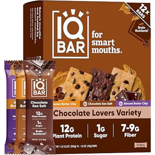 IQBAR Clean Plant Protein Bars - Chocolate Lovers Variety - 12 Count - Keto, Vegan, High Fiber, Gluten and Dairy Free, Low Sugar Snack - Brain and Body Nutrients for Focus, Energy, Meal Replacement