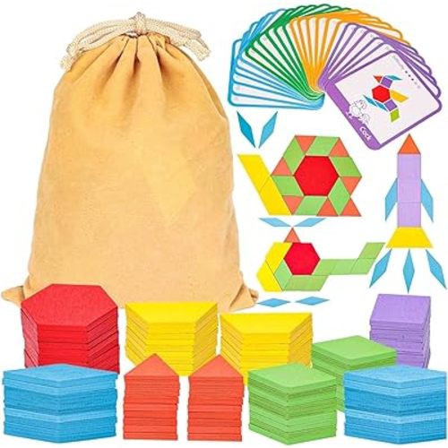 LovesTown 209 PCS Shapes Wooden Pattern Blocks for Kids, Geometric with Activity Cards and Storage Bag, Educational Tangram Puzzles,Great Learning Gift from Parents or Teachers