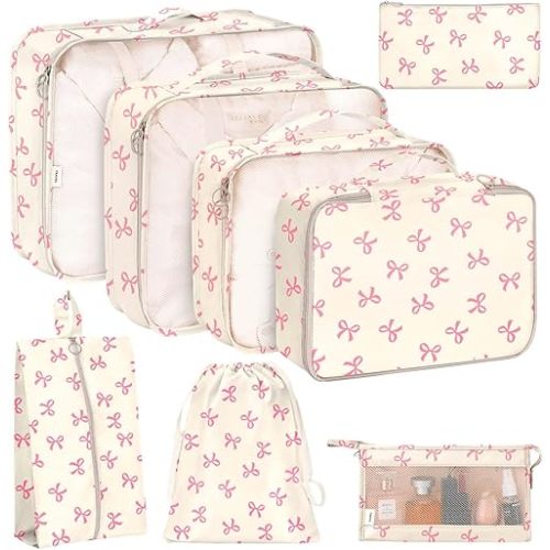 KPX 8 Set Packing Cubes for Travel, Luggage Packing Organizers Accessories Large Toiletries Bag for Clothes Shoes Cosmetics (8Set-Pink Bow)