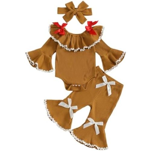 Baby Girl Christmas Outfit Gingerbread Man Doll Collar Long Sleeve Romper Bow Flare Pants Set Headband 3Pcs Xmas Clothes