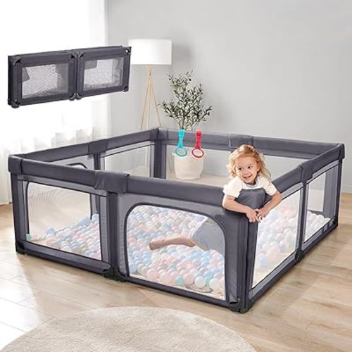 Cholena PlayPen 79"x59" Foldable Baby Playpen for Babies and Toddlers, Indoor & Outdoor Baby Fence Play Area, Collapsible Play Yard with Zipper Door（Deep Grey）