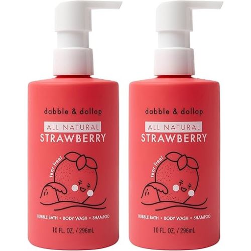 Dabble & Dollop Strawberry Kids 3-in-1 Body Wash, Shampoo & Bubble Bath – Tear-Free, Gentle, Natural-Origin, Hypoallergenic and Safe for Sensitive Skin (10 fl oz, Pack of 2)