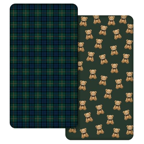 CroBlissful 2 Pack Tartan Plaids Bear Fitted Crib Sheet, Stretchy | Fits 52x28 Standard Mattress, Plaid Neutral Design, Soft Stretchy Fabric Elastic Corners, Machine Washable Baby Bedding