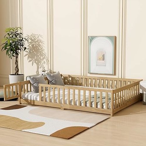 Queen Size Floor Bed with Fence and Door,Rubber Wood Floor Bed w/Safety Guardrails/Near The Ground,Easy to Assemble & No Box Spring Needed, Natural