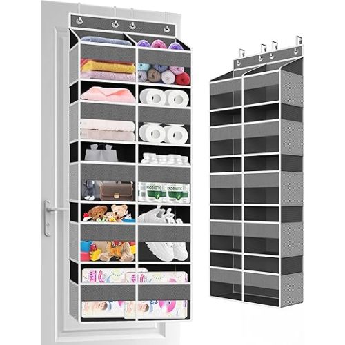 Over The Door Organizer Multi Pocket,5 Tier Large Hanging Shelf for Storage Kids Toys, Diapers, Clothes,Yarn,Heavy Duty Behind Door Storage for Bedroom Bathoom Nursery Closet Pantry,Gray