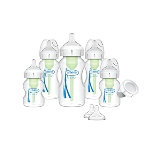 Dr. Brown's Natural Flow Anti-Colic Options+ Wide-Neck Baby Bottle Newborn Feeding Set with Baby Bottle Travel Caps