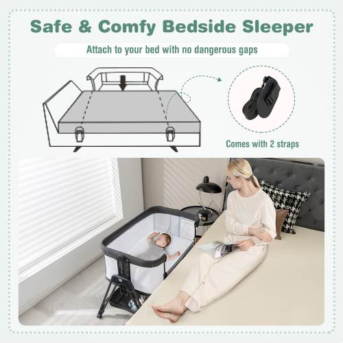 Costway Baby Bedside Sleeper Bassinet with Wheels & Storage Tray - 38'' x 22''x 28''-34'' (L x W x H)
