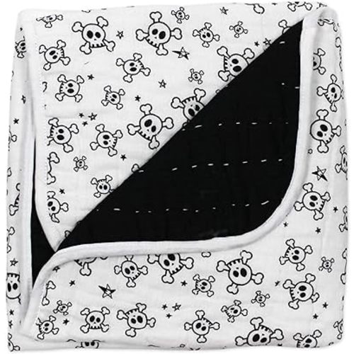 HonestBaby Hand-Quilted Baby Blanket Reversible 100% Organic Cotton for Infant Boys, Girls, Tossed Skulls/Black, One Size