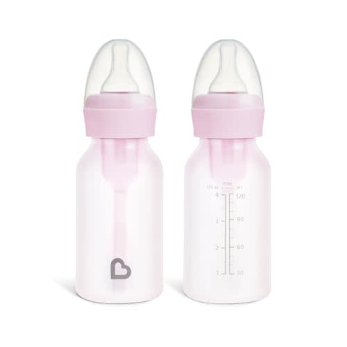 Munchkin Bond Silicone Coated Glass Baby Bottles - Anti-Colic Feeding System with Natural Feel Nipples, 4 Ounce, 2 Pack, Pink