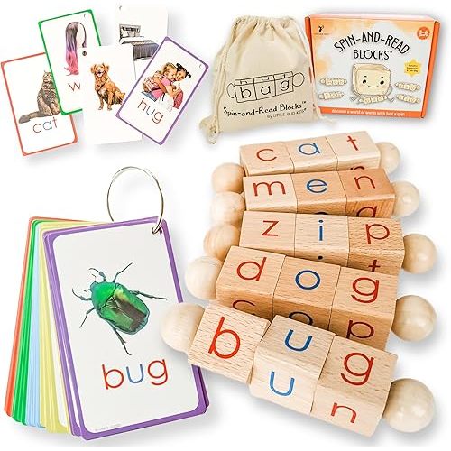 LITTLE BUD KIDS Spin-and-Read Montessori Phonetic Reading Blocks with CVC Phonics Flashcards for Beginner Readers, Montessori Reading Wooden Toys for 3 Years +