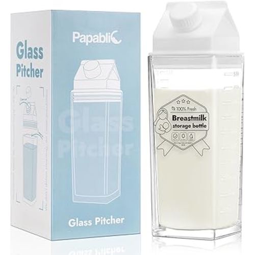 Papablic Glass Breastmilk Pitcher, 17 oz Breastmilk Storage Container for Breastfeeding, Reusable Milk Box Shaped Glass Pitcher for Fridge