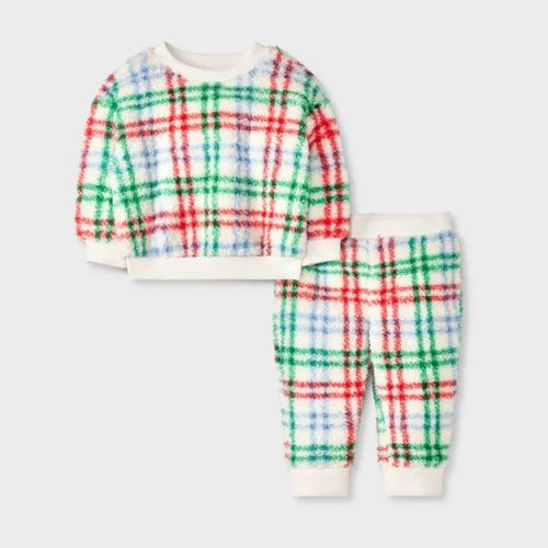 Baby Shearling Top & Bottom Set - Cat & Jack™ Cream Newborn: Midweight Faux plush, Plaid Pattern, Recycled Polyester