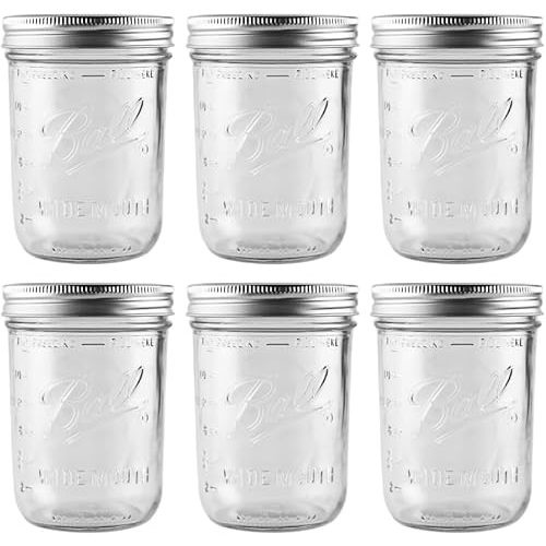 Ball - 16 oz Wide Mouth Glass Mason Jars | 6 Pack Jars with Airtight Lids | Large Glass Jar for Food Storage with Lids | Ideal for Canning, Fermentation, Pickling, Kombucha Brewing