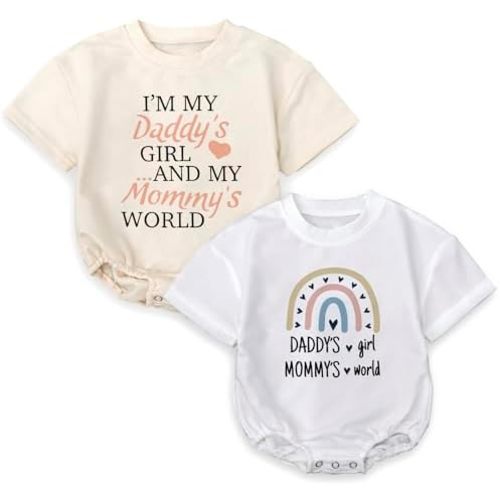 2Pcs Baby Girl Romper for Father’s Day, “Daddy’s Girl & Mommy’s World” Outfit, Bodysuit Short Sleeve Infant for 0-24 Months