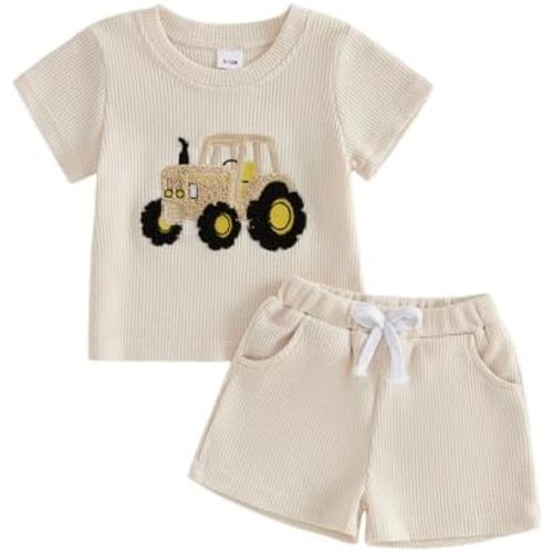 Amiblvowa Toddler Boys Summer Outfit Truck Embroidery Waffle Short Sleeve T-Shirt Elastic Waist Shorts 2Pcs Cute Clothes Set