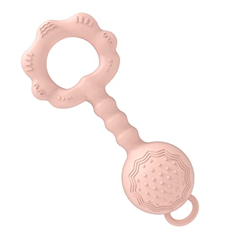 Silicone Baby Teether Rattle Toy, WHOZU Baby Teething Shaker Toy for Infants Girls and Boys 3+ Months, Soft and Flexible, Pink