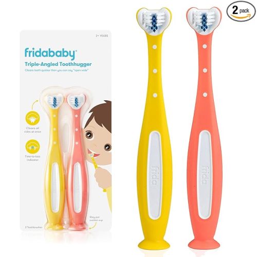 Frida Baby Triple-Angle Toothhugger Training Toddler Toothbrush | Toddler Toothbrush 2 Years and Up, Cleans All Sides at Once | 2 Pack (Yellow + Pink)